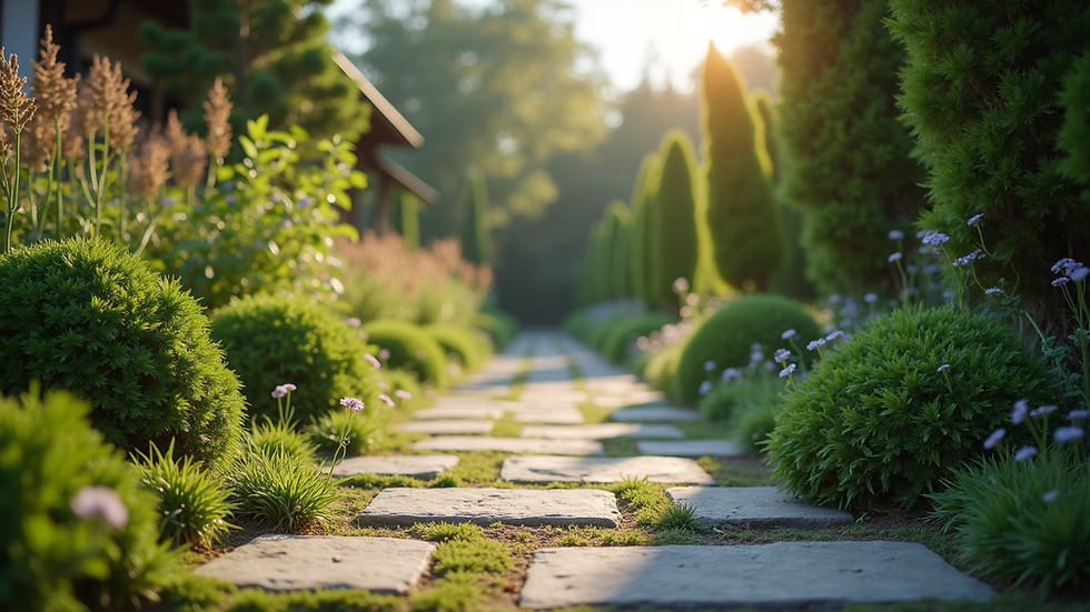 Eye-level view of a serene garden with a stone path