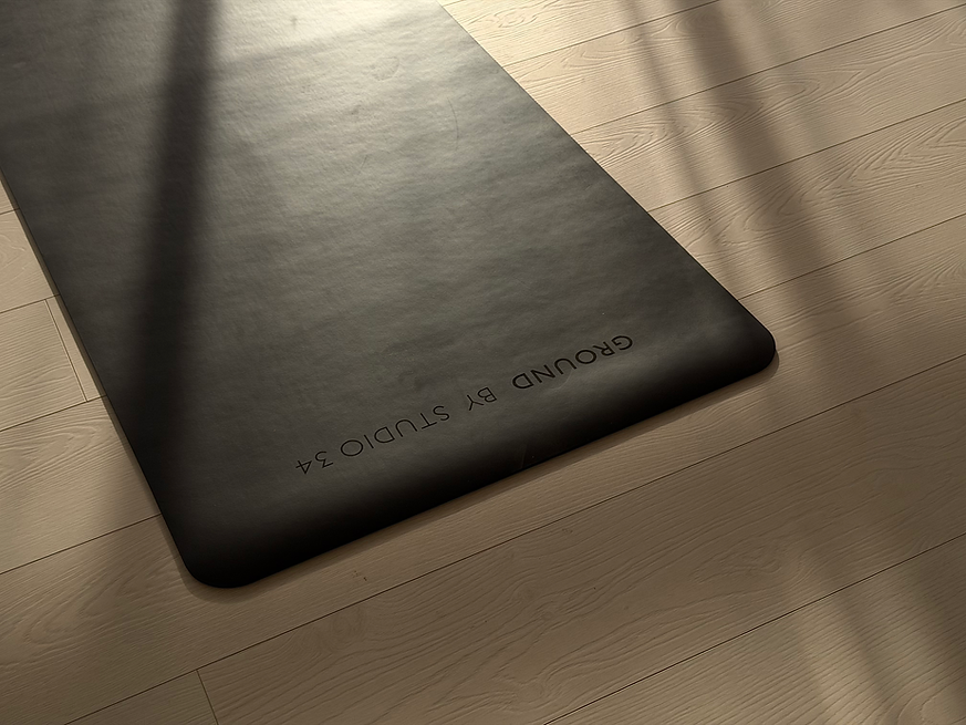 GROUND by Studio 34 branded mat on the studio floor at Alderley Edge, Cheshire