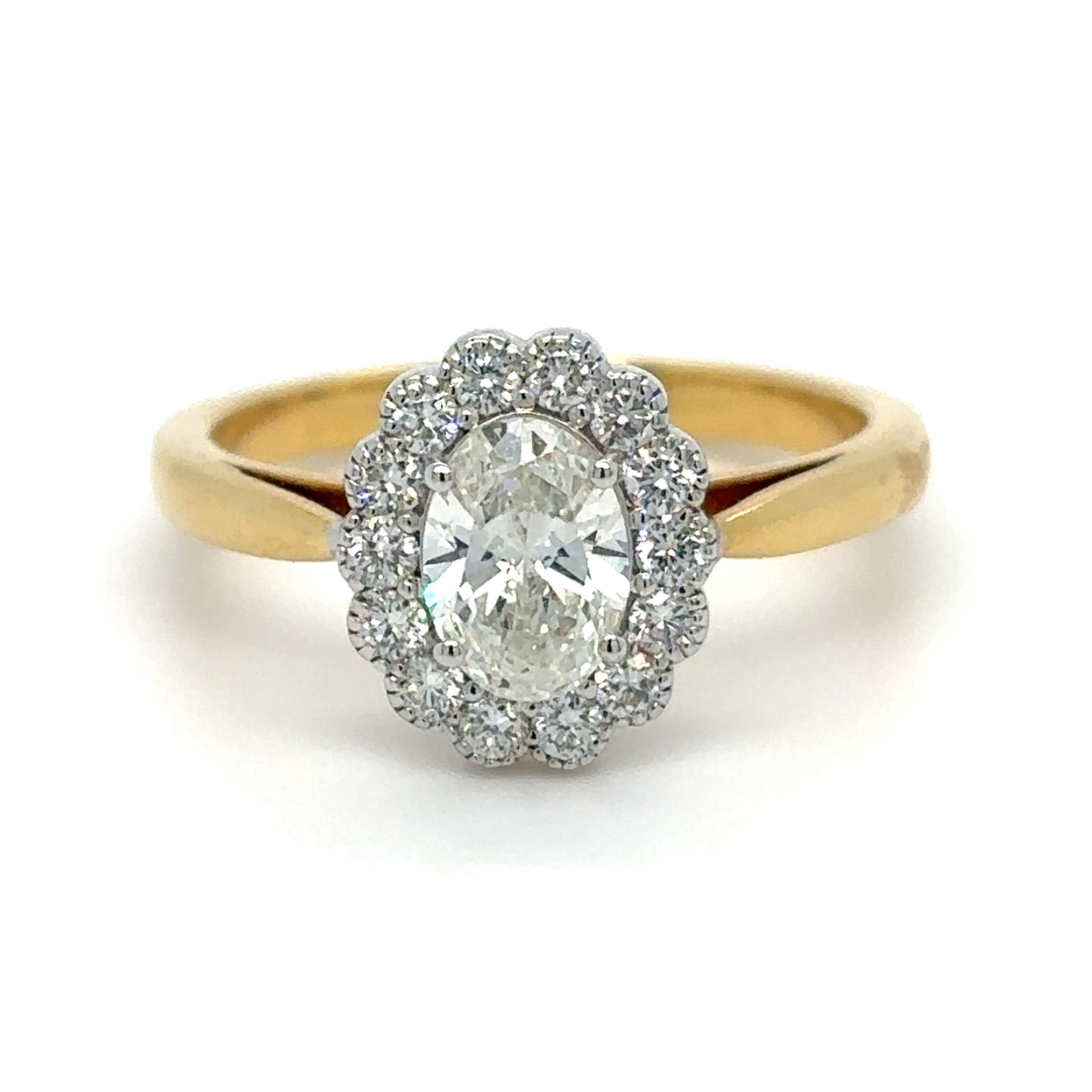 18ct Yellow Gold 0.89ct Mined Oval Cut Scalloped Halo Diamond Ring