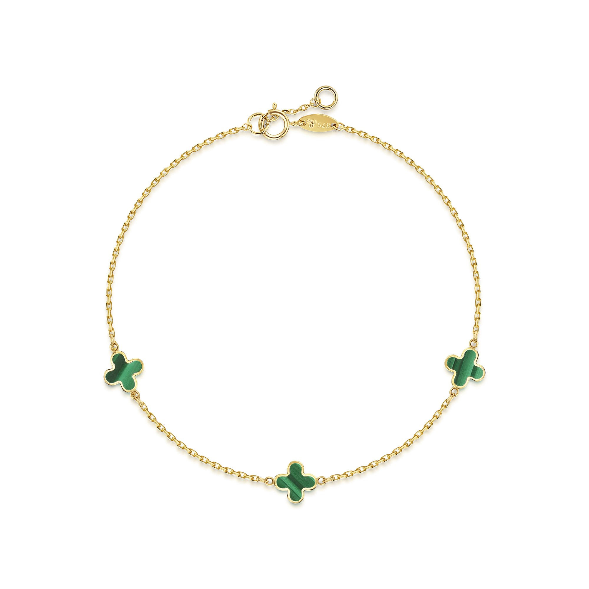 9CT YELLOW GOLD 3 X 6.5MM MALACHITE CLOVER PETALS BRACELET