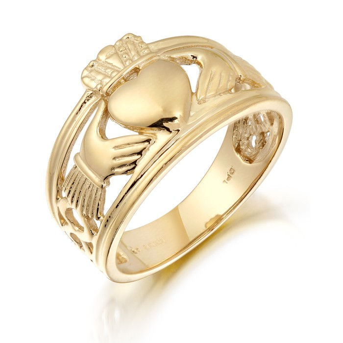 9ct Gold Plain Gents Claddagh Ring with Celtic Knot shoulder.