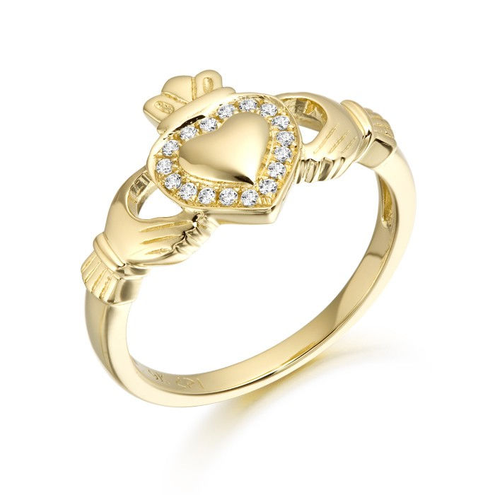 9ct Gold CZ Claddagh Ring with MicroPave Stone setting.