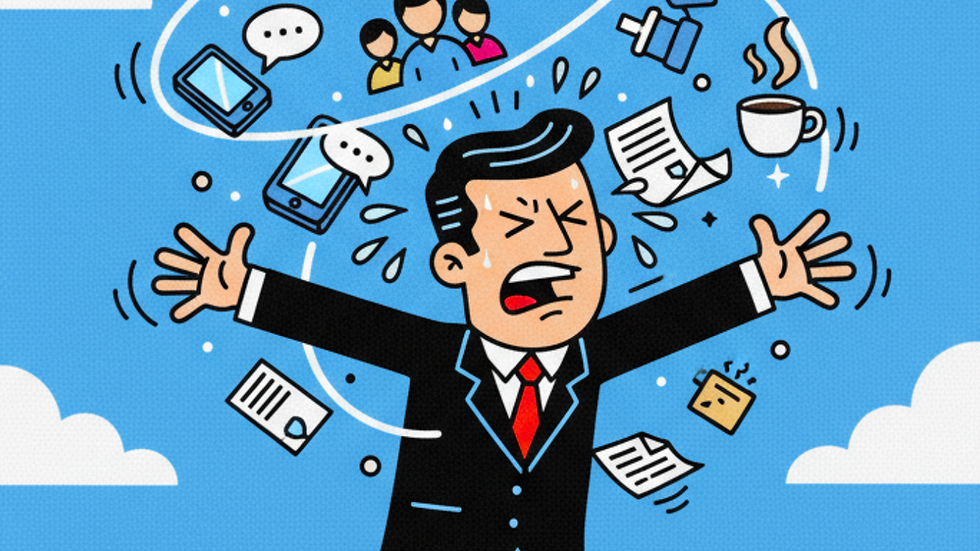 An overwhelmed entrepreneur struggles to balance multiple responsibilities while walking a tightrope, symbolizing the precariousness of managing time, finances, and social connections.