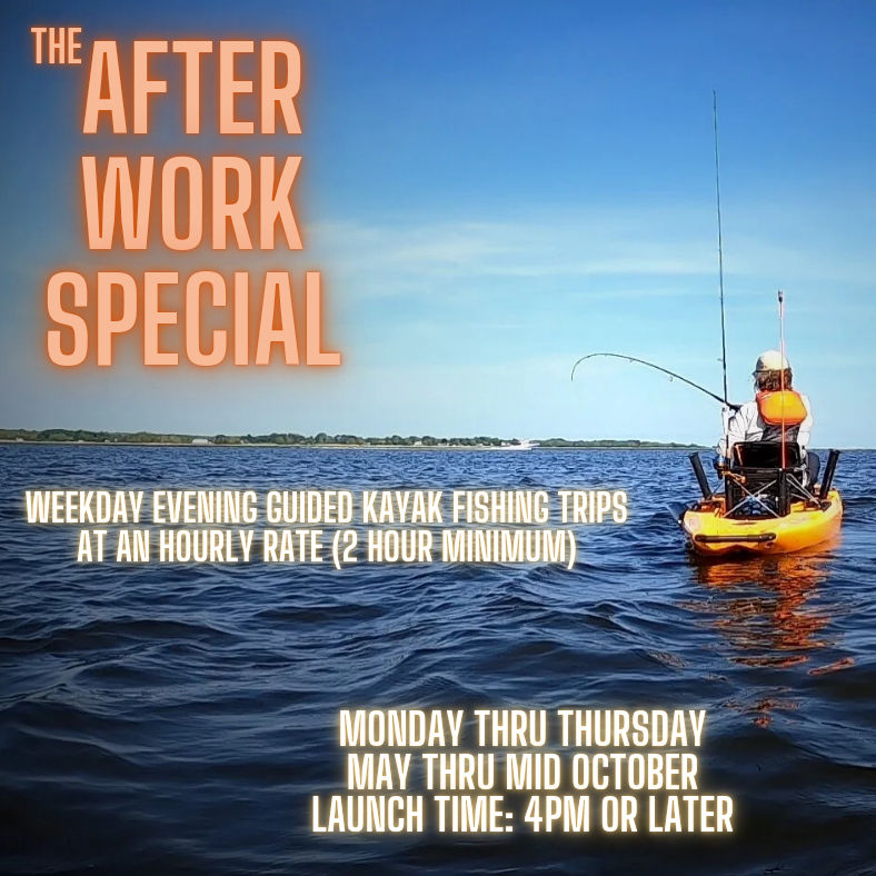 A client of CT Fish Nerd enjoying The After Work Special, fishing for striped bass via kayak at an hourly rate