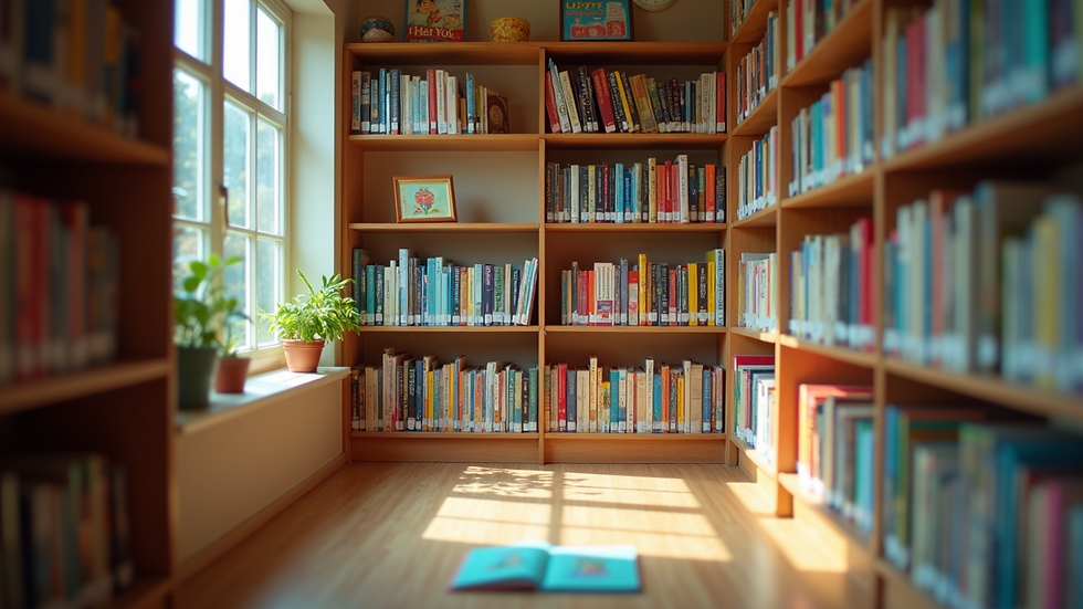 Eye-level view of a cozy library nook with shelves filled with colorful children's books