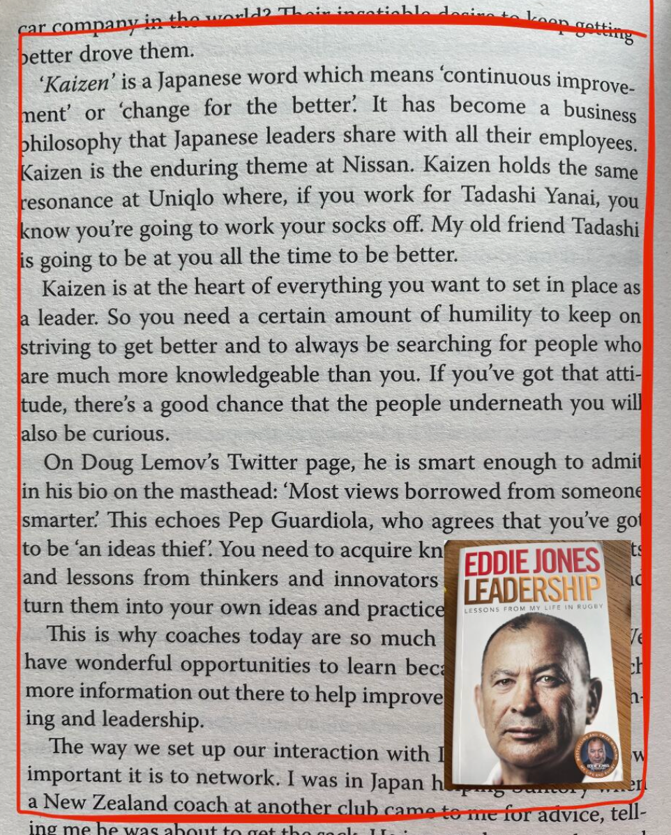 An excerpt from Eddie Jone's "Leadership" book about lean thinking and kaizen