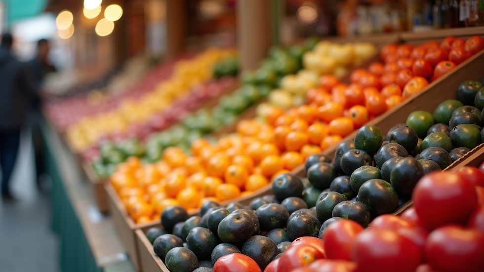 Close-up view of a colorful product display in a vibrant market