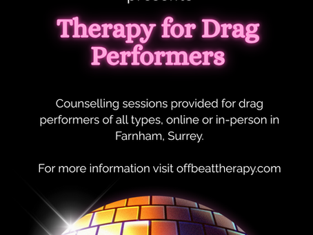 Therapy for drag performers in pink text on a black background with a colourful disco ball
