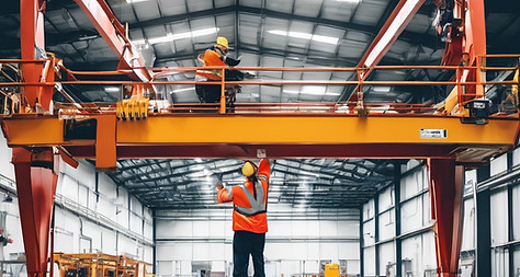 Overhead crane technician making a repair in a cherry picker inside manufacturing facility