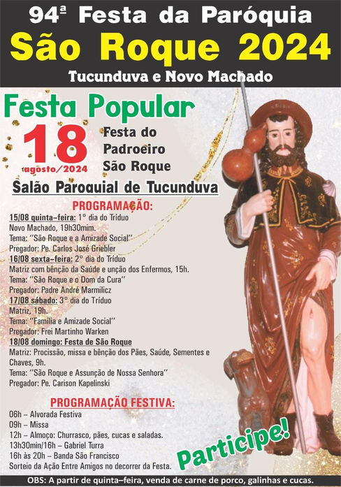 Paróquia São Roque convida para festa do padroeiro