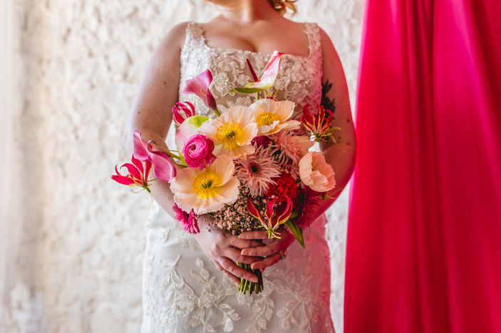 bridal bouquet, spring wedding, pink wedding, pink chair, summer wedding, summer flowers, quirky, alternative, modern