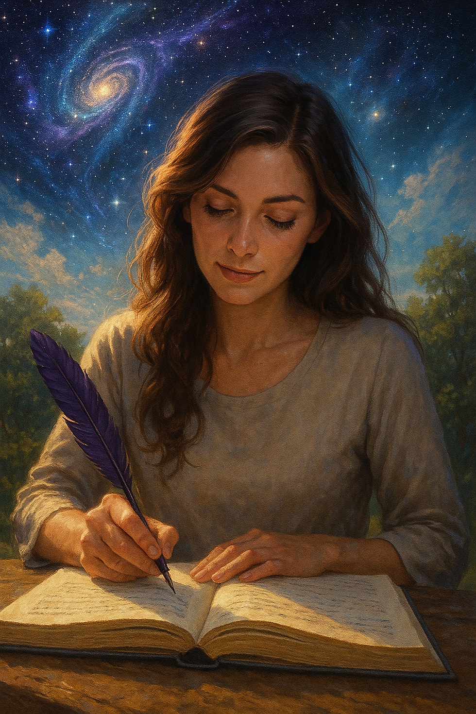 Fantasy-style artwork of a woman writing with magical light trails, showing how structure brings freedom to the creative process