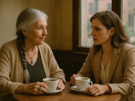 Young woman listening intently as an older, wise woman with braided hair and silver jewelry speaks over tea, symbolizing how structure created freedom and self-choice in modern life.