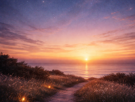 Serene dawn horizon with a soft gradient sky shifting from deep indigo to warm golden light, subtle stars fading as daylight rises, symbolizing reflection, new beginnings, and the start of a new year