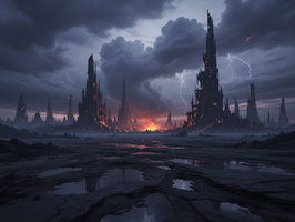 A dark stormy landscape with towering ruined spires rising from a cracked plain, fire glowing in the distance beneath heavy clouds and lightning.