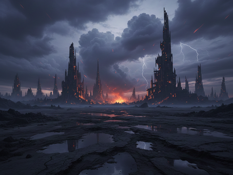A dark stormy landscape with towering ruined spires rising from a cracked plain, fire glowing in the distance beneath heavy clouds and lightning.