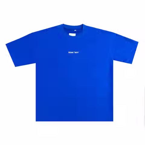 A blue boxy t-shirt from "Pushing Twenty" with "PUSHING TWENTY" printed in small white text across the chest.