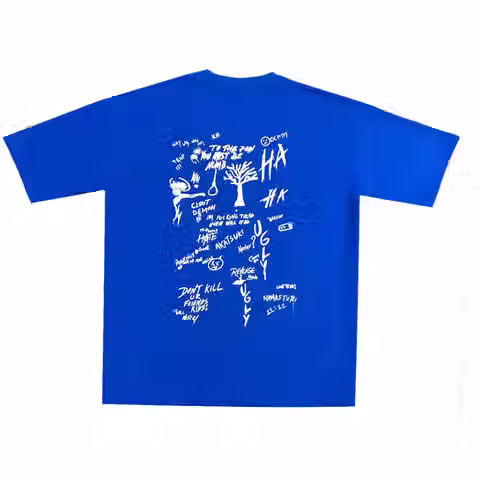 Back view of blue boxy t-shirt with chaotic white graphic print on the back.
