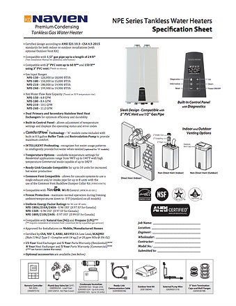 Navien Tankless Water Heater Spec Sheet.