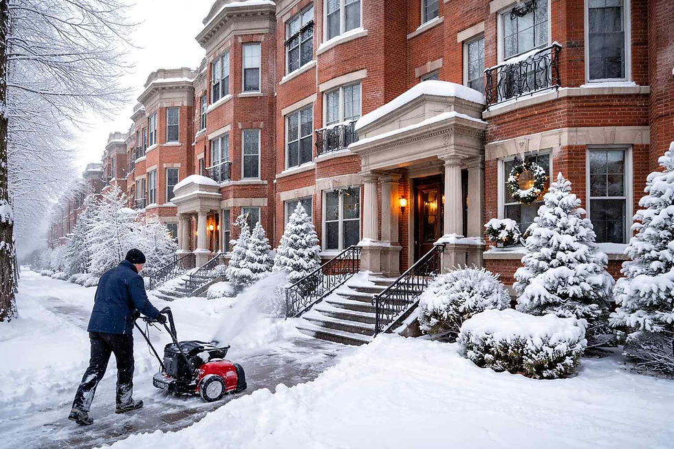 Chicago multifamily apartment buildings in winter with snow-covered sidewalks and property maintenance worker clearing snow outside residential entrance.