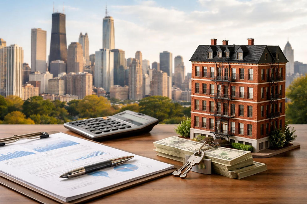 Chicago skyline in the background with a model brick multifamily apartment building on a desk, alongside financial documents, calculator, cash stack, and keys representing multifamily property financing in Chicago.