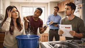 Frustrated tenants speaking with a property manager inside a modern apartment while discussing maintenance concerns.