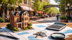 Lincoln Square Chicago street scene with a model brick house placed on real estate financial charts, calculator, keys, and magnifying glass on a wooden desk, representing local market analysis and property investment evaluation.