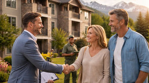 Professional property manager shaking hands with a smiling couple outside a modern apartment building, with maintenance staff working in the background, representing trust and personal service in property management.