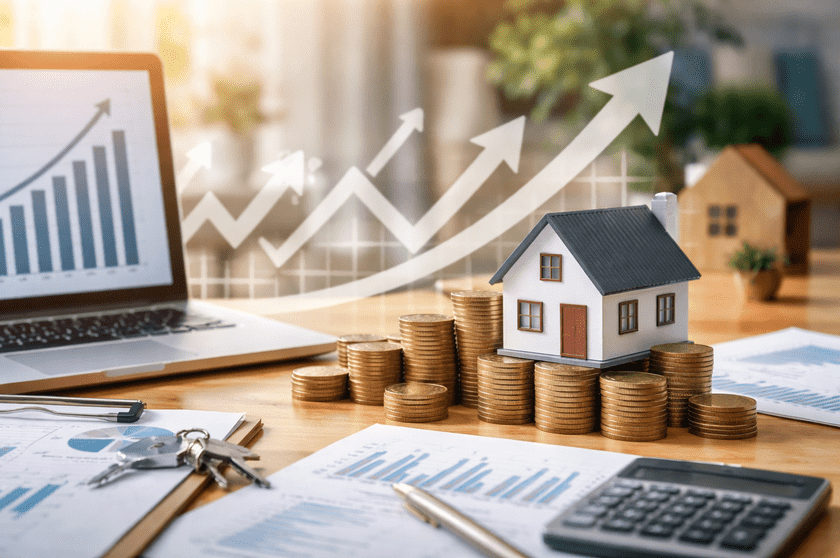 Proactive property management concept showing a model house placed on stacked coins beside financial reports, a calculator, keys, and a laptop displaying rising performance charts, symbolizing increased rental ROI and portfolio growth.