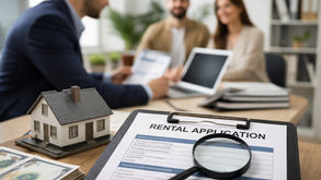Property manager examining a rental application while meeting with prospective long-term tenants in a modern office