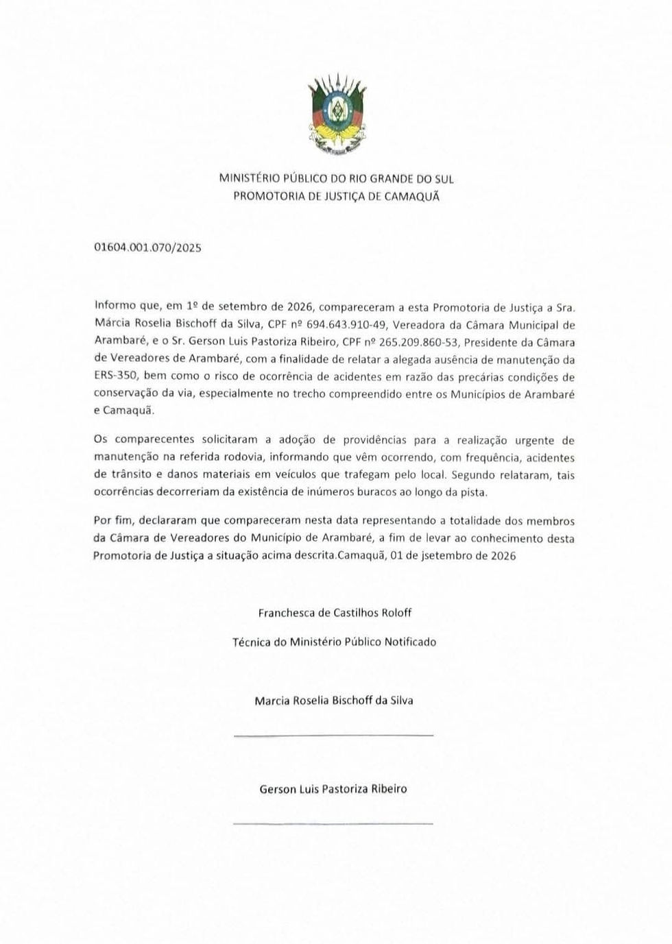 Vereadores de Arambaré denunciam crateras na ERS-350 e cobram providências urgentes