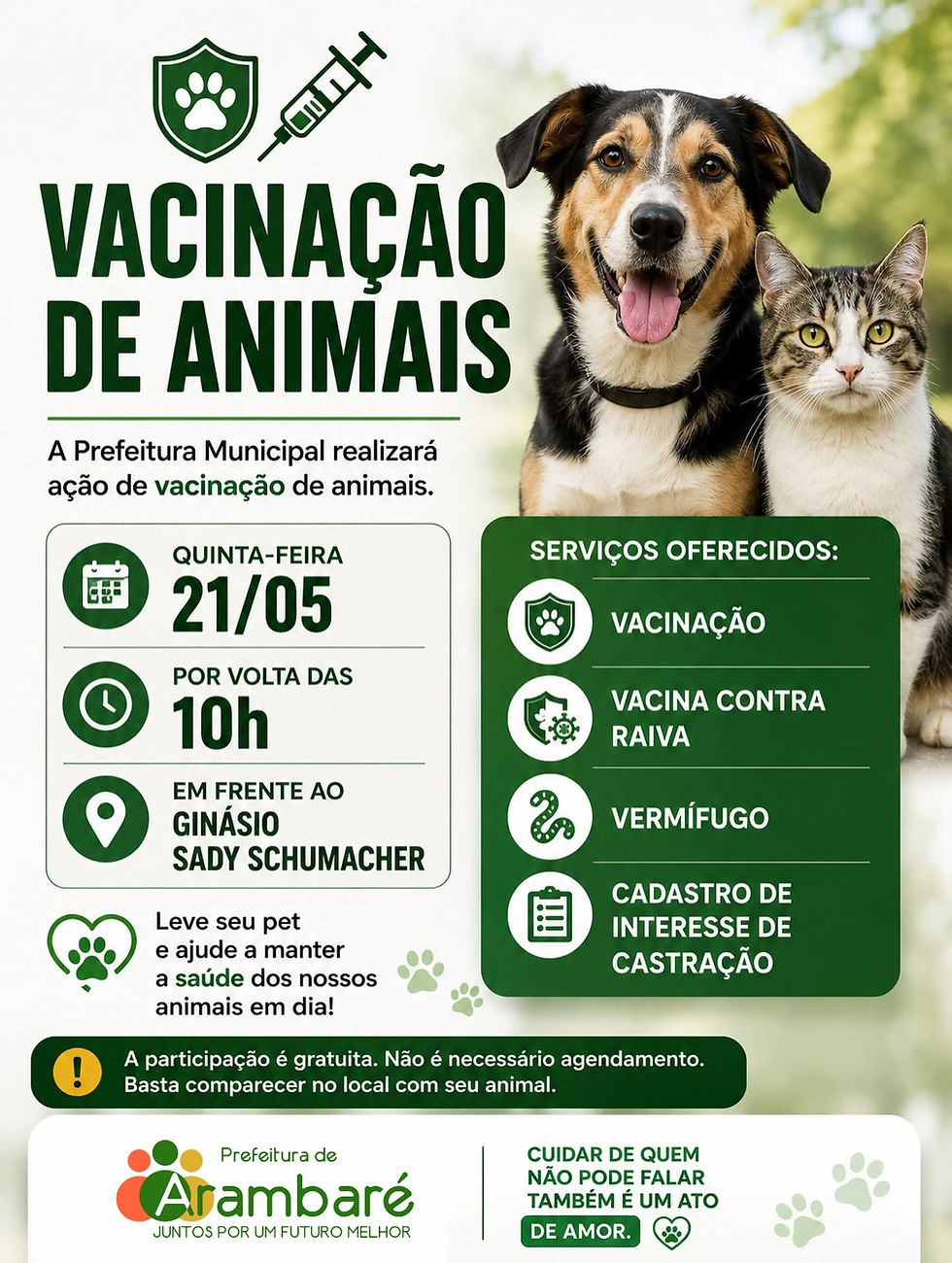 Vacinação gratuita de animais ocorrerá dia 21/5 em Santa Rita do Sul