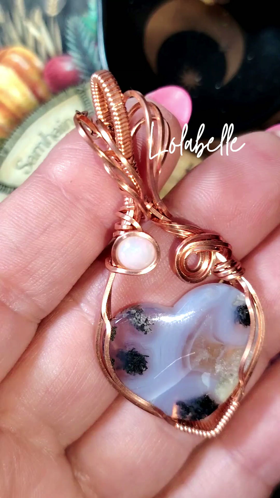 Thumbnail: Lavender Luna | Purple Moss Agate & Ethiopian Opal Pendant | Bare Copper Wire