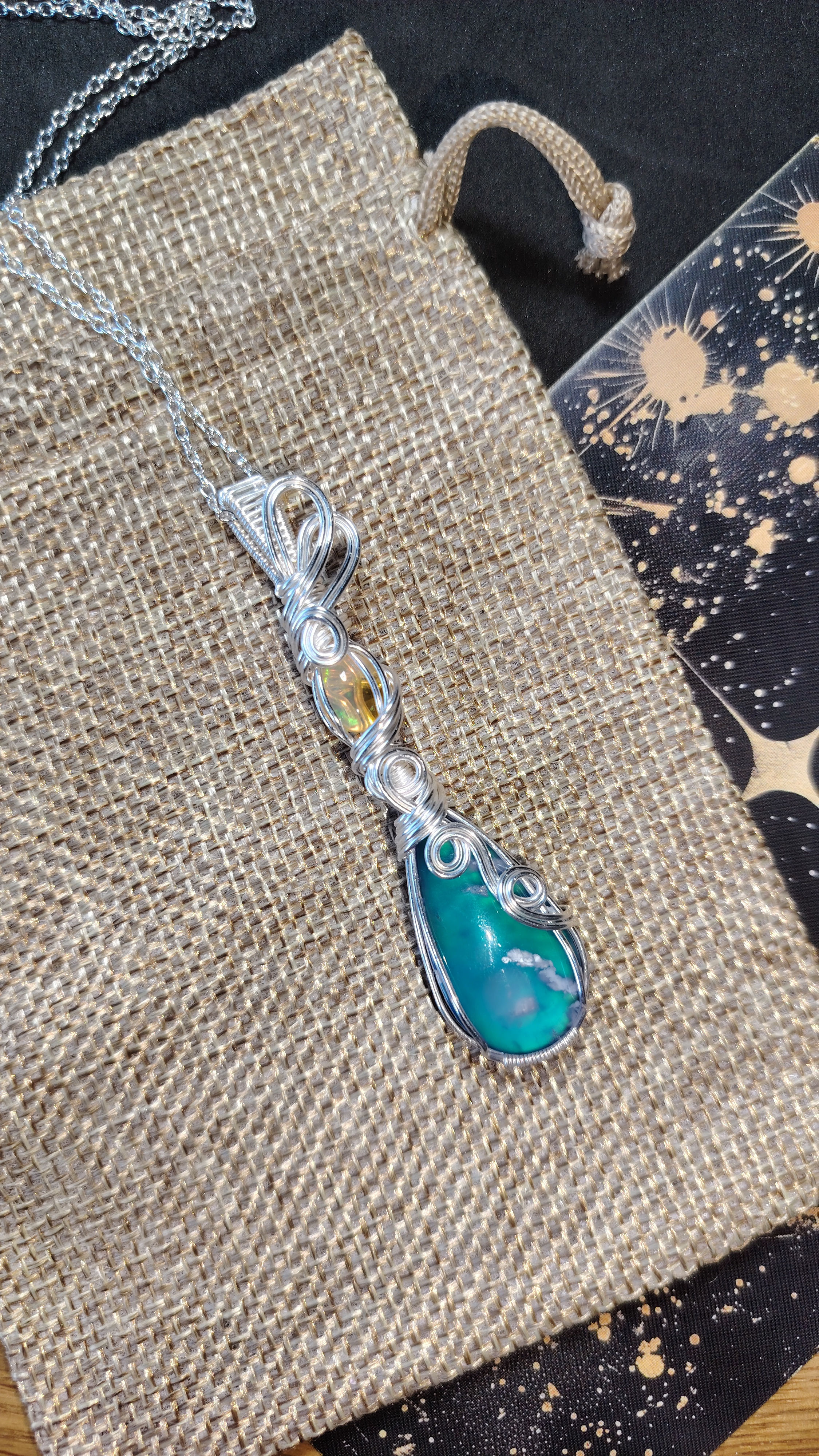 Dawnspark — Plume Agate Doublet & Ethiopian Opal Pendant | Silver-Filled Wire