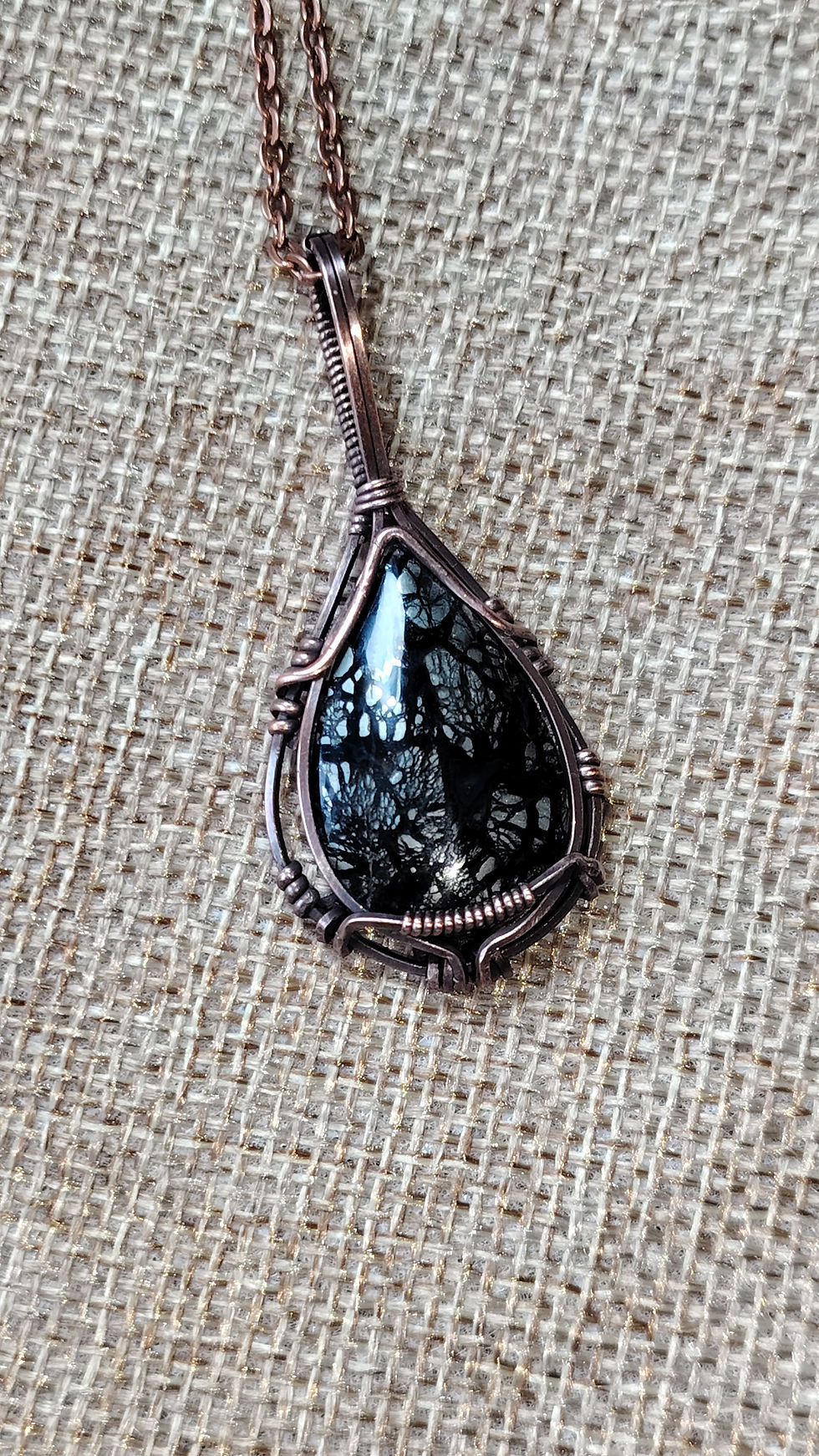 Thumbnail: Moura | Marcasite Teardrop Pendant | Oxidised Copper Wire | One of a Kind