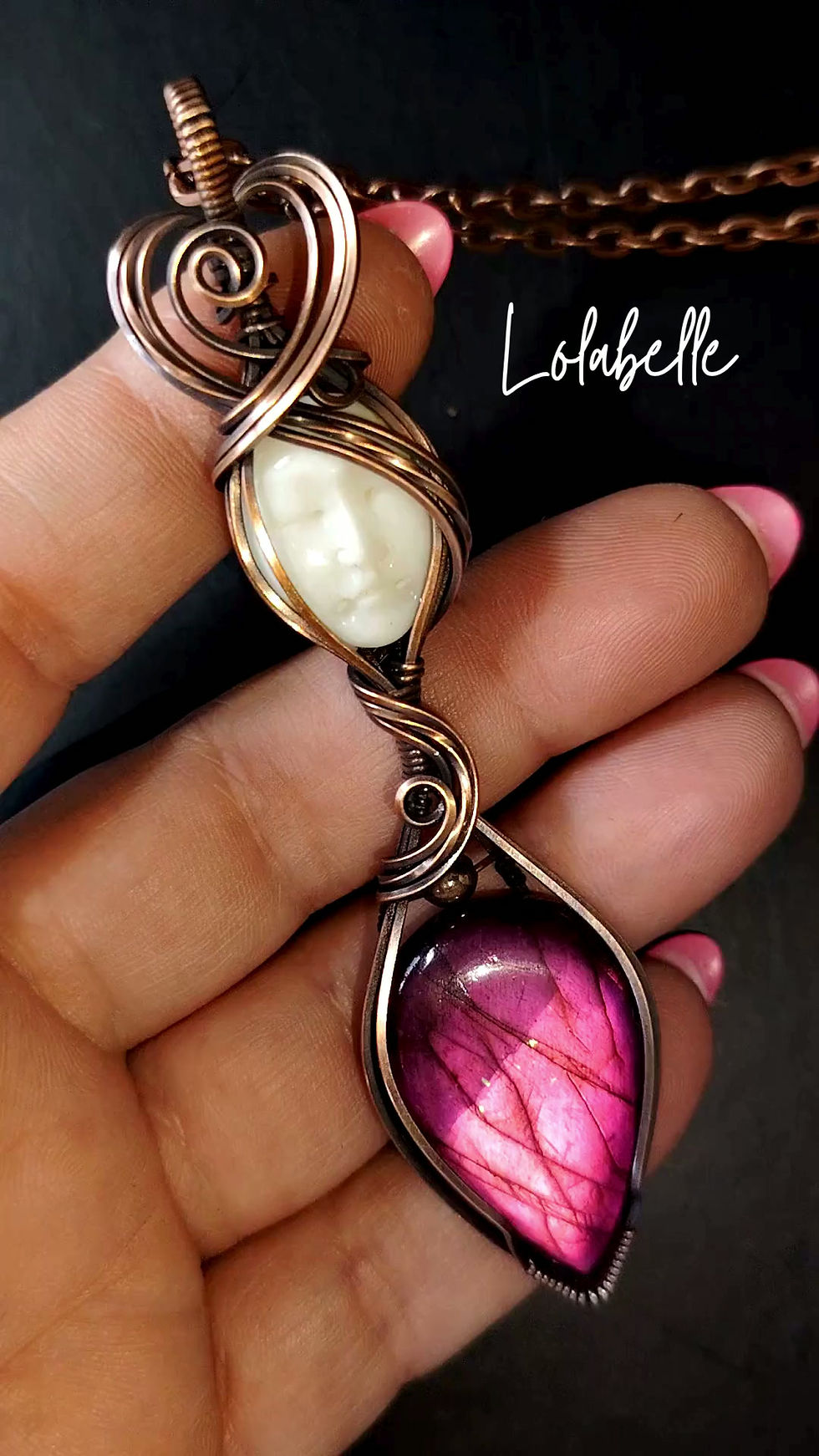 Thumbnail: Morvella | Labradorite & Bone Pendant | Oxidised Copper Wire Necklace | One of a