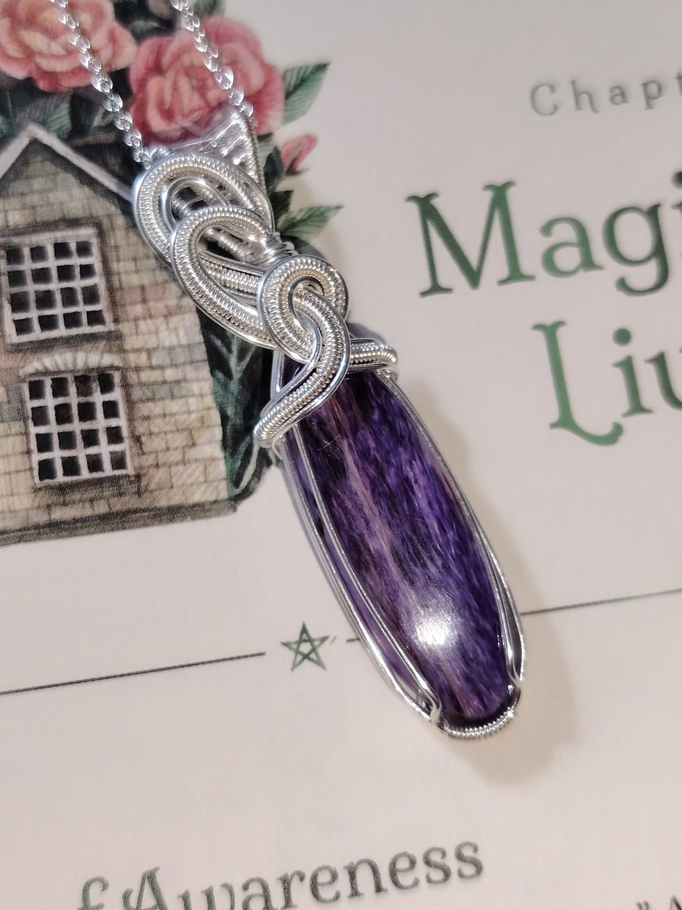 Thumbnail: Soulrise – Charoite Pendant in Silver Filled Wire