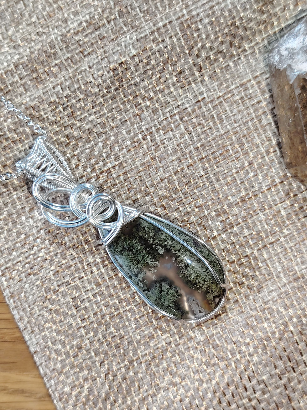 Thumbnail: Lindenlight – Moss Agate Pendant | Silver Filled Wire Wrapped Jewellery
