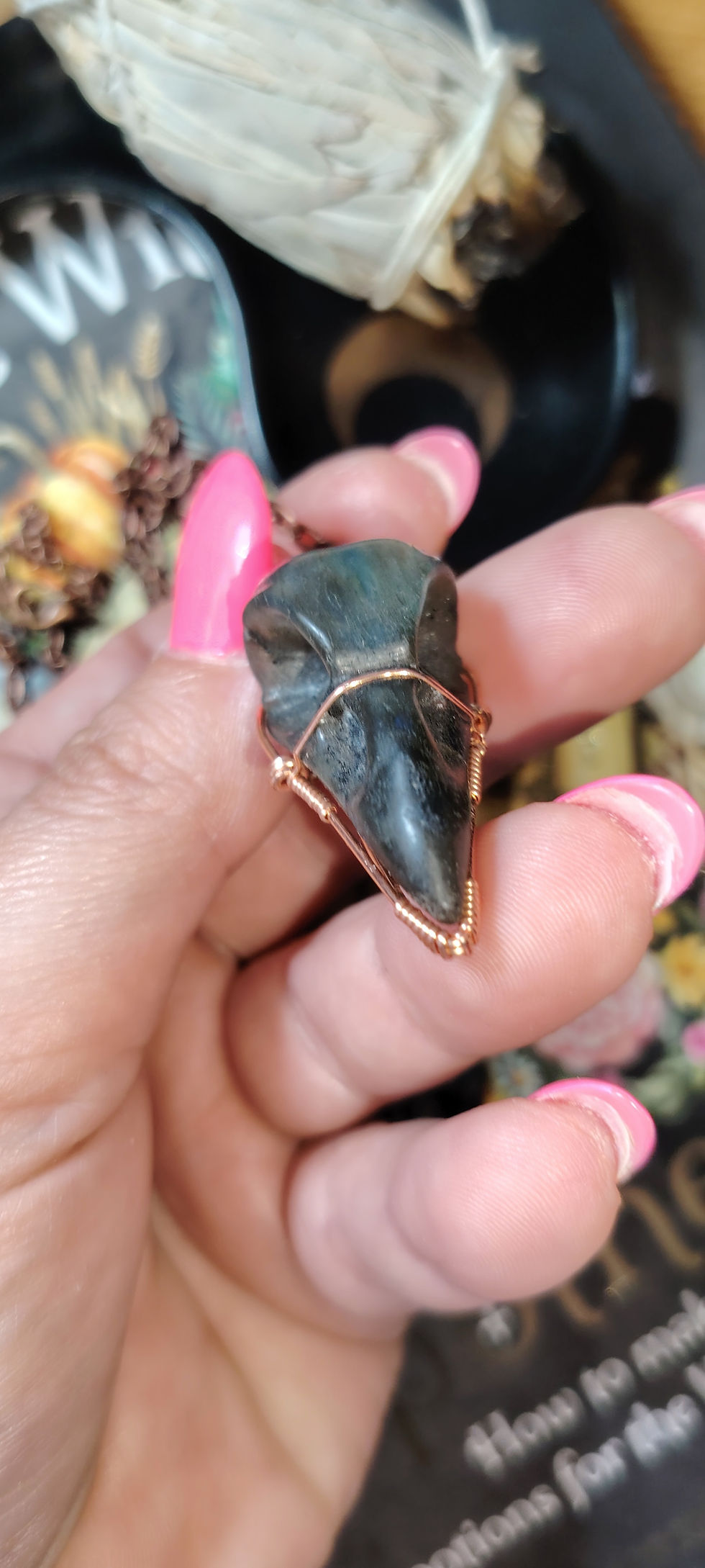 Thumbnail: Morrigan’s Call | Labradorite Crow Pendant with Garnet | Bare Copper Wire
