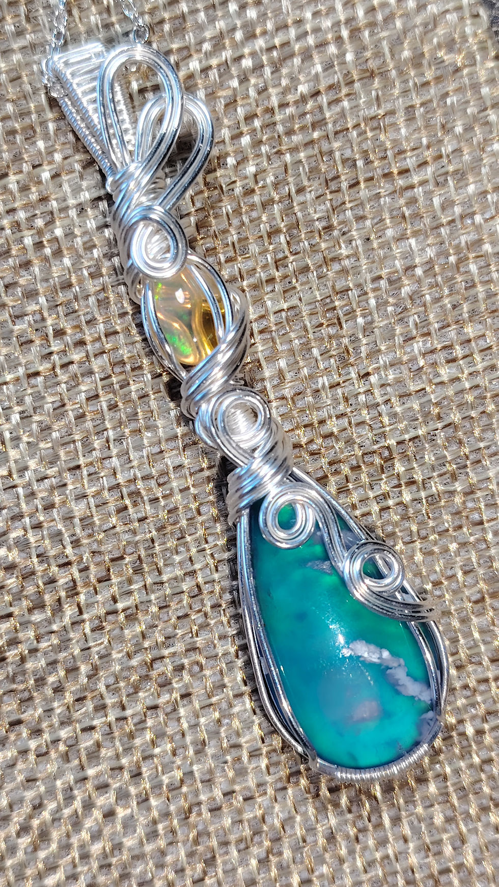 Thumbnail: Dawnspark — Plume Agate Doublet & Ethiopian Opal Pendant | Silver-Filled Wire 