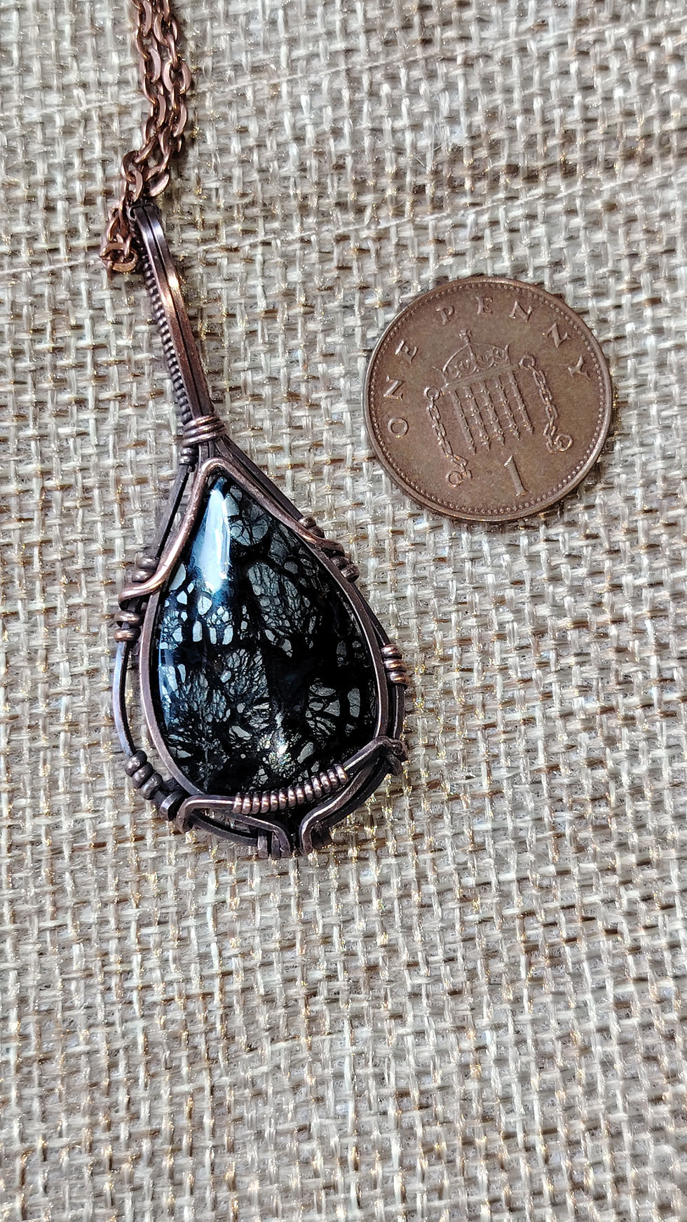 Thumbnail: Moura | Marcasite Teardrop Pendant | Oxidised Copper Wire | One of a Kind