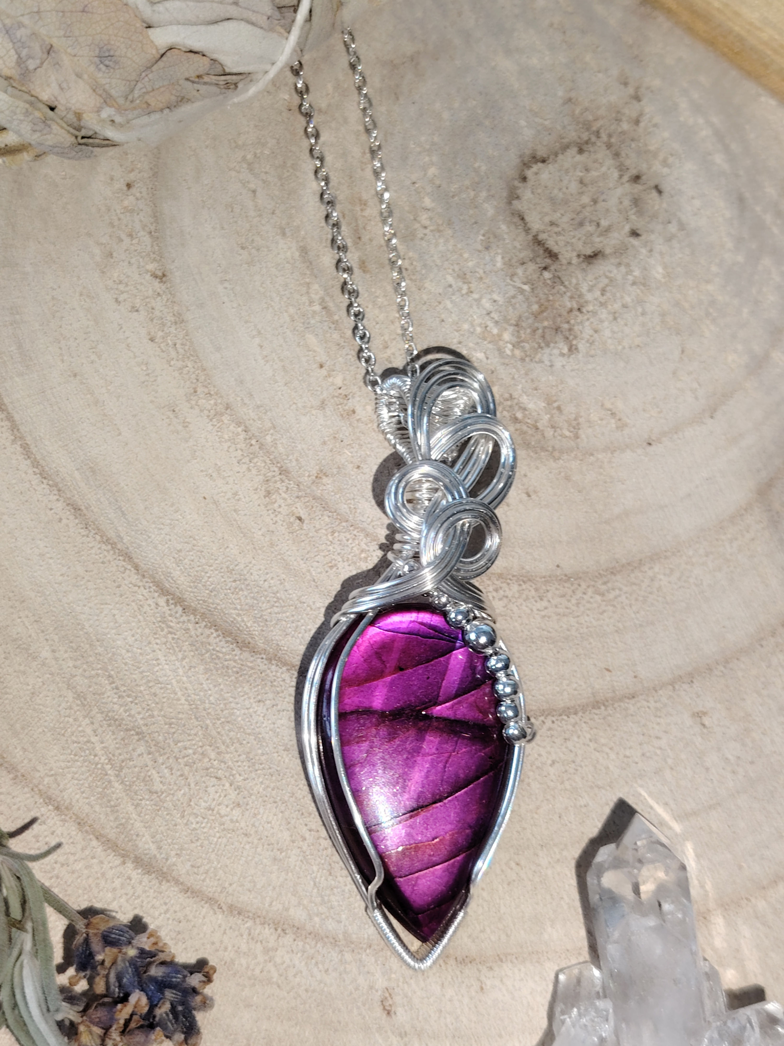 Rayvyn – Magenta Labradorite Pendant Wrapped in Silver-Filled Copper