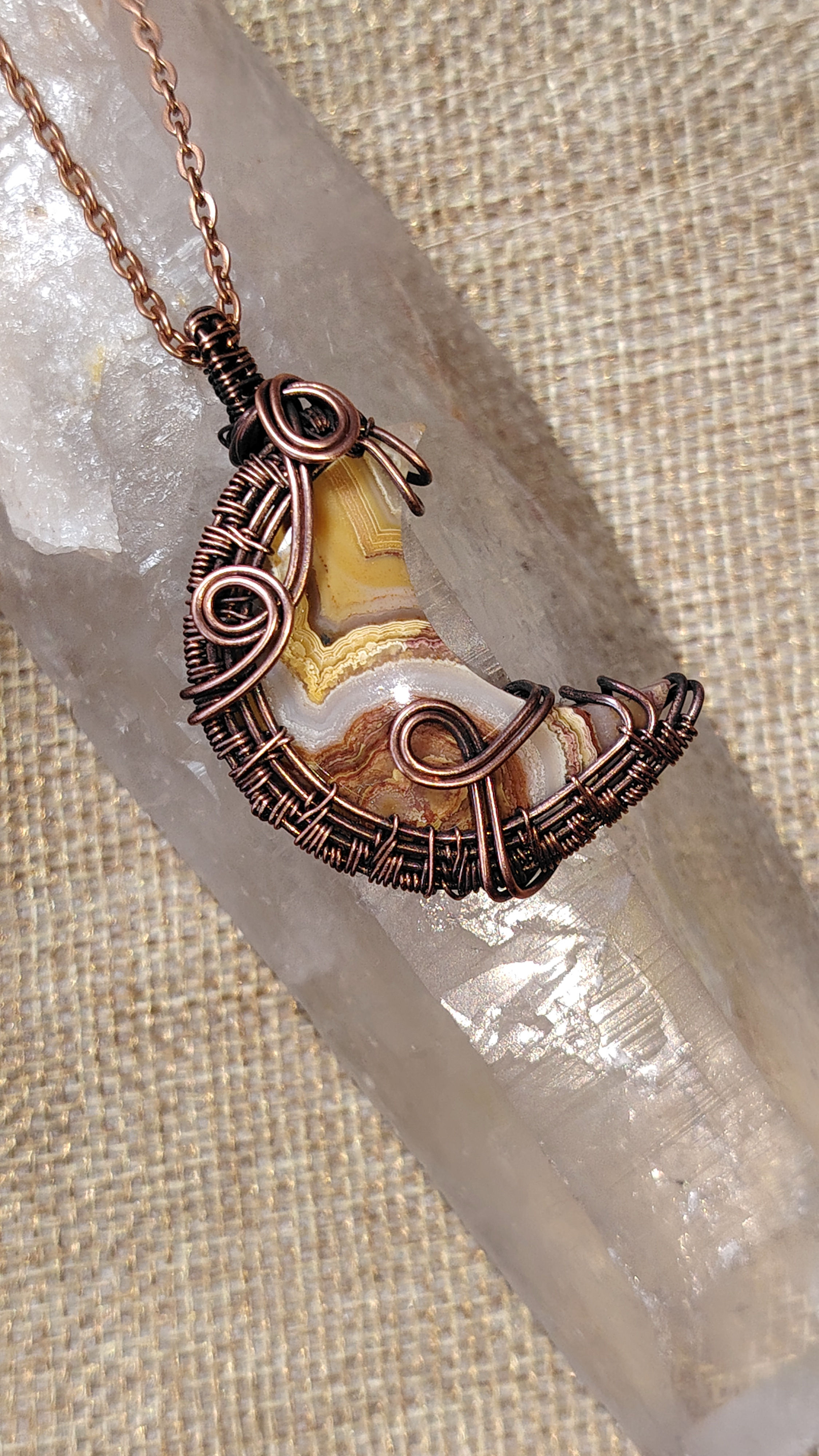 Night Curve — Crazy Lace Agate Pendant | Oxidised Copper Crescent Moon Necklace