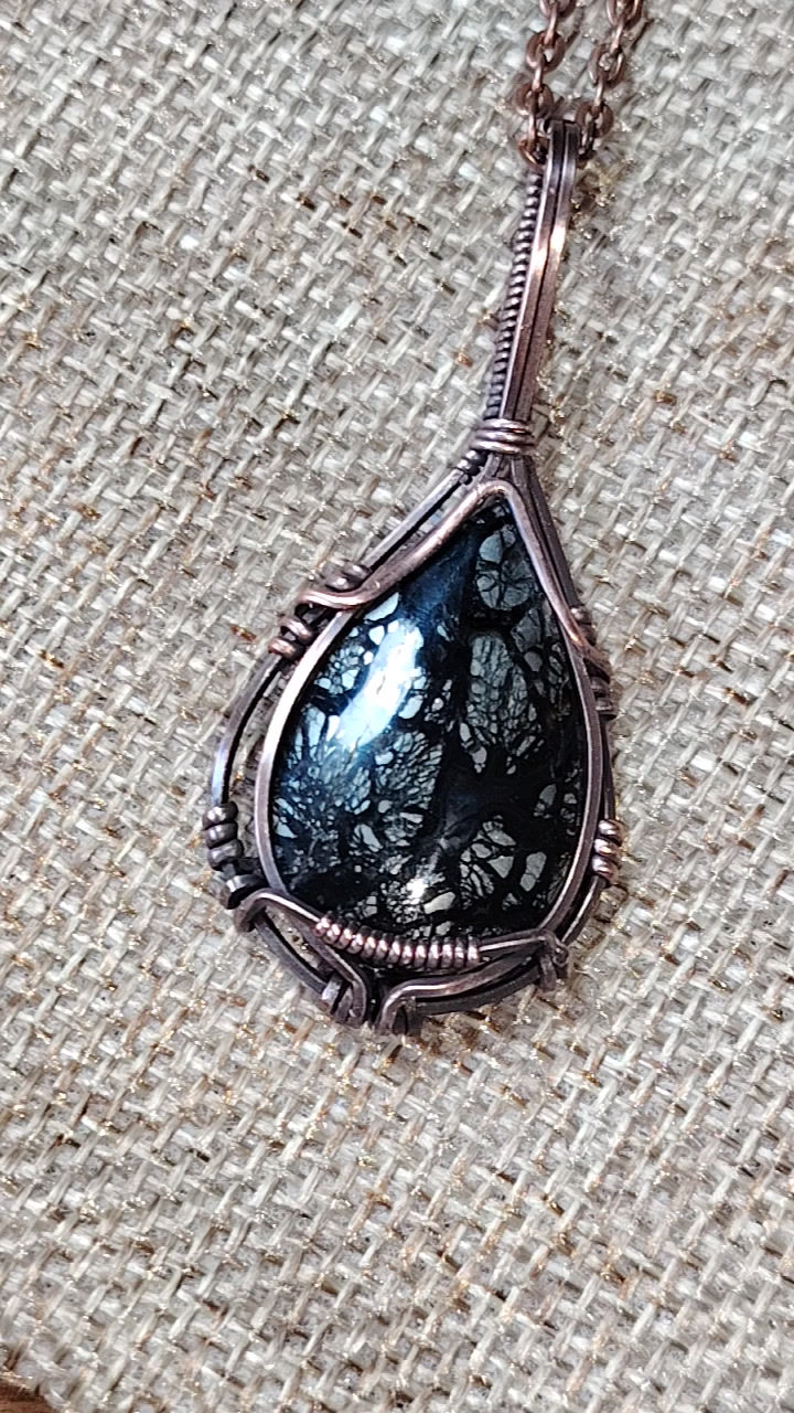 Thumbnail: Moura | Marcasite Teardrop Pendant | Oxidised Copper Wire | One of a Kind