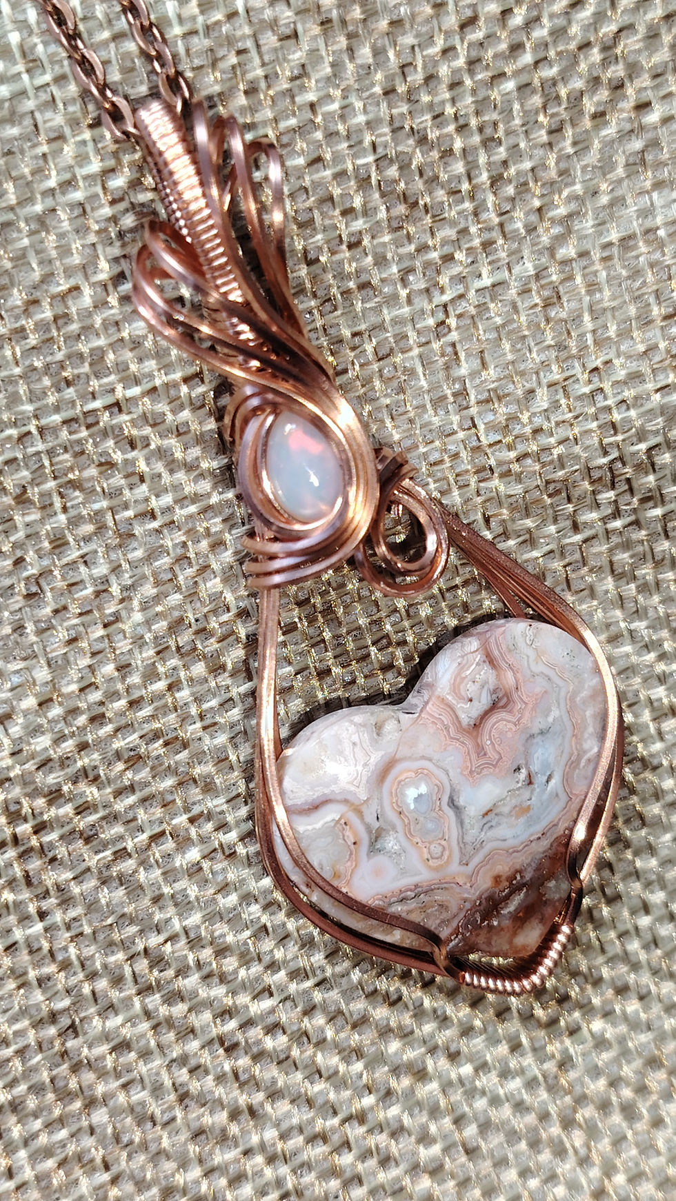 Thumbnail: Unbound Love — Heart-Shaped Pink Lace Agate & Ethiopian Opal Pendant 