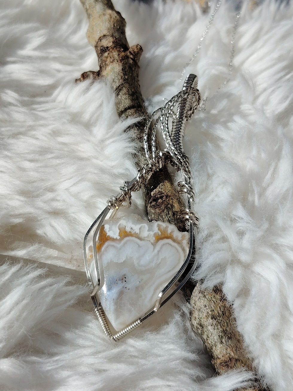 Thumbnail: The Listening Hush – Plume Agate Druzy Pendant in Silver-Filled Wire