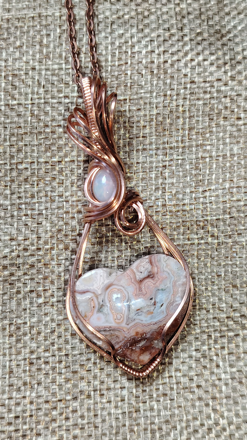 Thumbnail: Unbound Love — Heart-Shaped Pink Lace Agate & Ethiopian Opal Pendant 