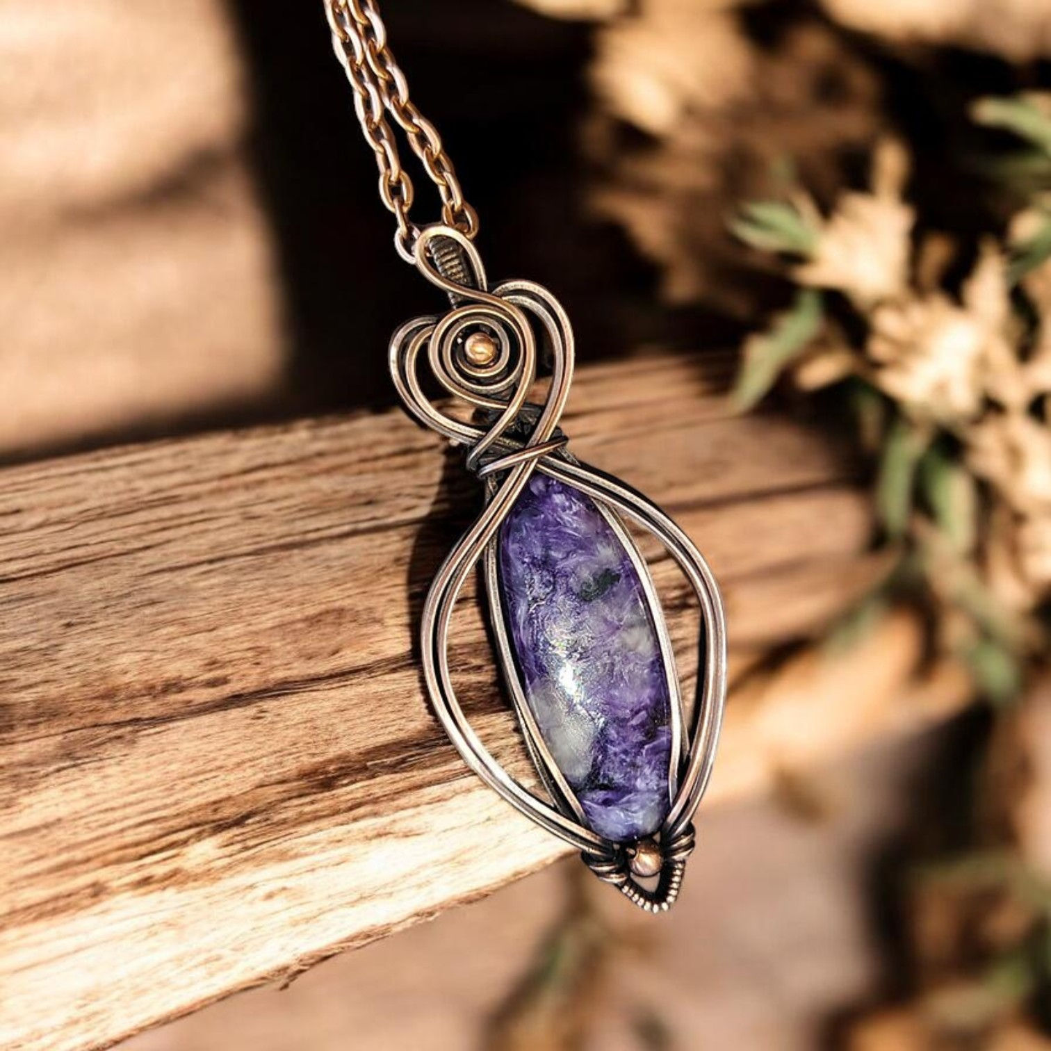 Virethra | Charoite Pendant | Oxidised Copper Wire Necklace | One of a Kind