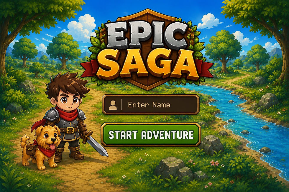 Portada colorida del videojuego móvil Epic Saga con personaje chibi y perro, logo grande en el centro y botón verde de Start Adventure, formato horizontal para banner de juego