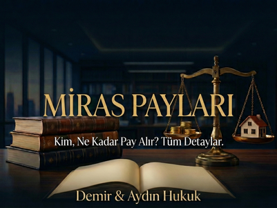 Miras payları ve miras hukuku konulu, üzerinde adalet terazisi, hukuk kitapları ve ev figürü bulunan Demir & Aydın Hukuk Bürosu blog kapak görseli.